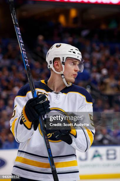 Rasmus Ristolainen of the Buffalo Sabres skates against the Tampa Bay Lightning at Amalie Arena on April 6, 2018 in Tampa, Florida. "n