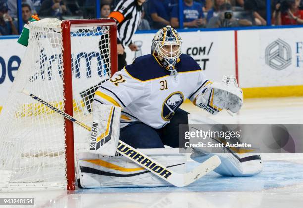 Goalie Chad Johnson of the Buffalo Sabres skates against the Tampa Bay Lightning at Amalie Arena on April 6, 2018 in Tampa, Florida. "n