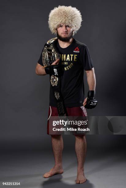 Khabib Nurmagomedov of Russia poses for a portrait backstage after his victory over Al Iaquinta during the UFC 223 event inside Barclays Center on...