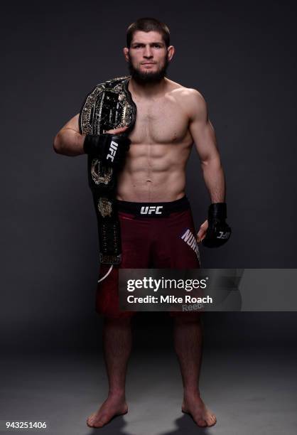 Khabib Nurmagomedov of Russia poses for a portrait backstage after his victory over Al Iaquinta during the UFC 223 event inside Barclays Center on...