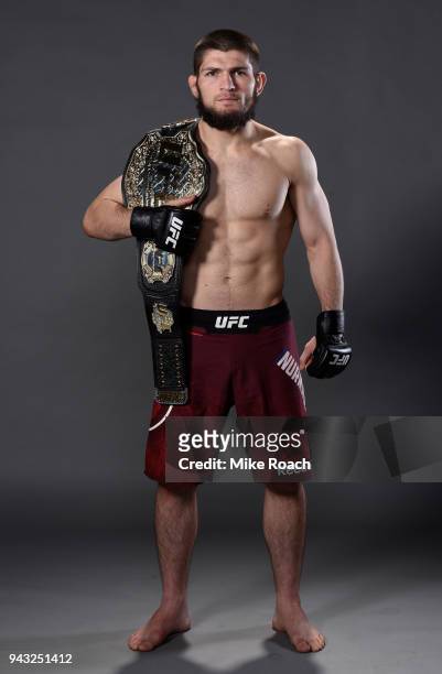 Khabib Nurmagomedov of Russia poses for a portrait backstage after his victory over Al Iaquinta during the UFC 223 event inside Barclays Center on...