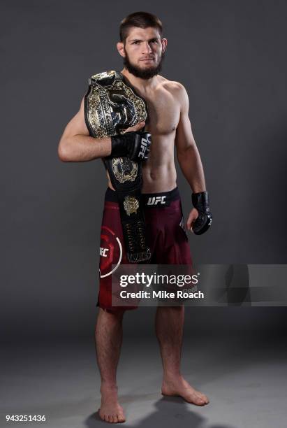 Khabib Nurmagomedov of Russia poses for a portrait backstage after his victory over Al Iaquinta during the UFC 223 event inside Barclays Center on...