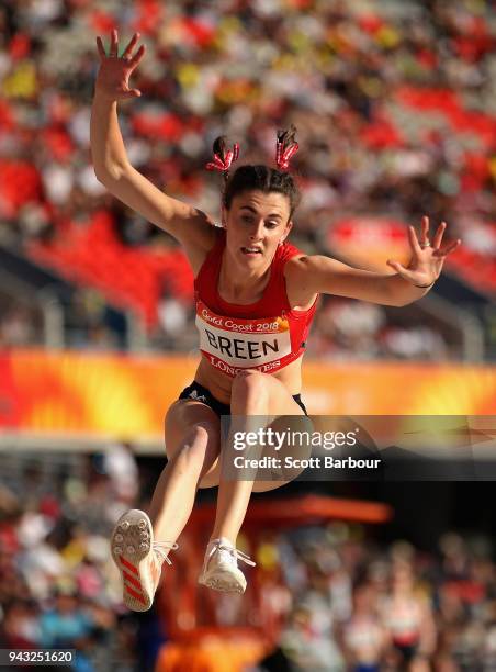 Olivia Breen of Wales competes in the Women's T38 Long Jump Final on day four of the Gold Coast 2018 Commonwealth Games at Carrara Stadium on April...