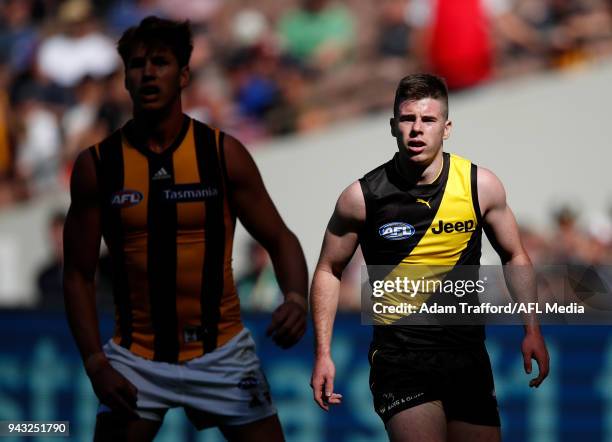 Debutant, Jack Higgins of the Tigers looks on during the 2018 AFL round 03 match between the Richmond Tigers and the Hawthorn Hawks at the Melbourne...