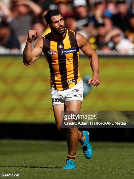 Paul Puopolo of the Hawks celebrates a goal during the 2018 AFL round 03 match between the Richmond Tigers and the Hawthorn Hawks at the Melbourne...