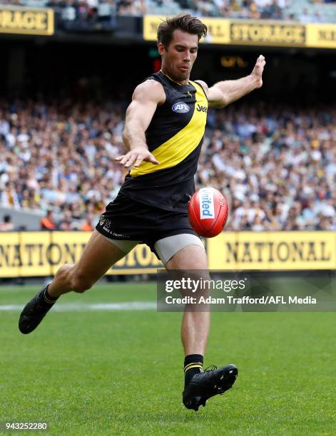 Alex Rance of the Tigers kicks the ball during the 2018 AFL round 03 match between the Richmond Tigers and the Hawthorn Hawks at the Melbourne...