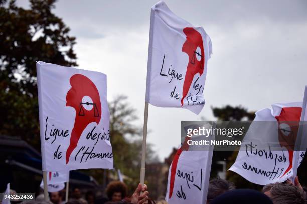 Flags of the Ligue des Droits de l'Homme People demonstrated against the planned law on 'Asylum and immigration' from Interior Minister Gerard Collom...