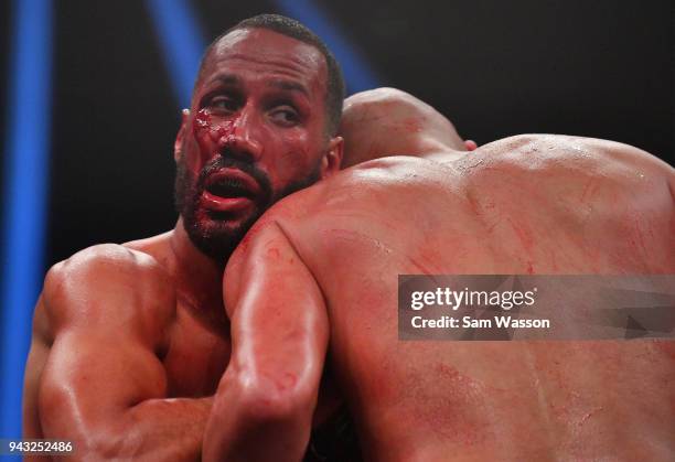 James DeGale clinches Caleb Truax during their IBF super middleweight title fight at The Joint inside the Hard Rock Hotel & Casino on April 7, 2018...