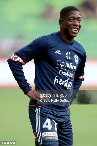 Leroy George of Melbourne Victory is seen during the round 26 A-League match between the Melbourne Victory and the Wellington Phoenix at AAMI Park on...