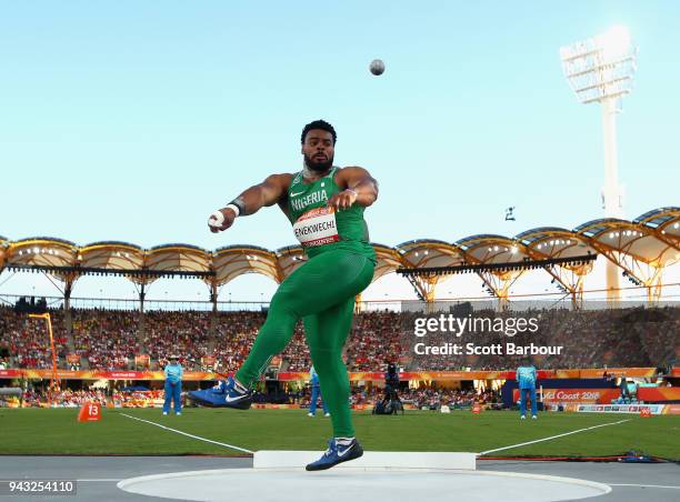 Chukwuebuka Enekwechi of Nigeria competes in the Men's Shot Put qualification on day four of the Gold Coast 2018 Commonwealth Games at Carrara...