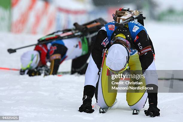 Anastasiya Kuzmina of Slovakia at finish of the women's 10km pursuit during the Ruhrgas IBU Biathlon World Cup on December 12, 2009 in Hochfilzen,...