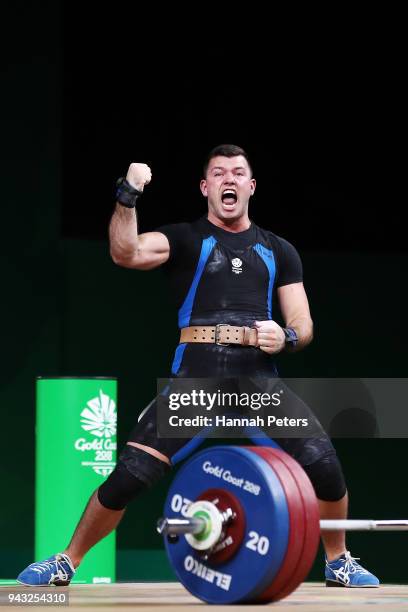 Scott Wilson of Scotland celebrates after a lift in the Men's 94kg final during Weightlifting on day four of the Gold Coast 2018 Commonwealth Games...