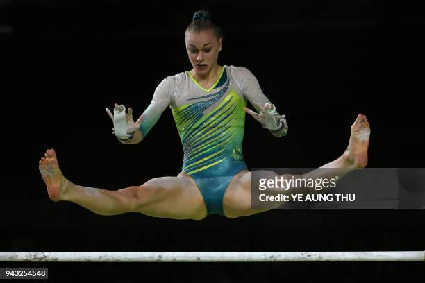 Australia's Georgia-Rose Brown competes in the women's uneven bars final artistic gymnastics event during the 2018 Gold Coast Commonwealth Games at...