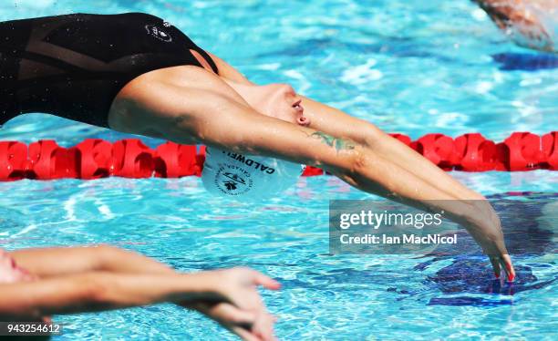 Hilary Caldwell of Canada competes in the heats of the Women's 200m Backstroke on day four of the Gold Coast 2018 Commonwealth Games at Optus Aquatic...