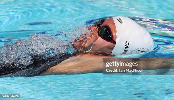 Hilary Caldwell of Canada competes in the heats of the Women's 200m Backstroke on day four of the Gold Coast 2018 Commonwealth Games at Optus Aquatic...