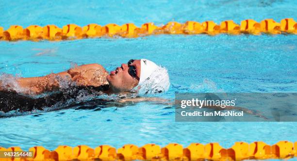 Hilary Caldwell of Canada competes in the heats of the Women's 200m Backstroke on day four of the Gold Coast 2018 Commonwealth Games at Optus Aquatic...