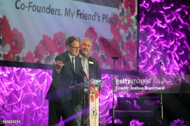 My Friends Place Co-Founders Craig Scholz and Steve LePore speak onstage at the My Friend's Place 30th Anniversary Gala at Hollywood Palladium on...