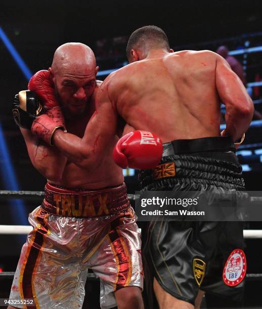 Caleb Truax throws a left at James DeGale during their IBF super middleweight title fight at The Joint inside the Hard Rock Hotel & Casino on April...