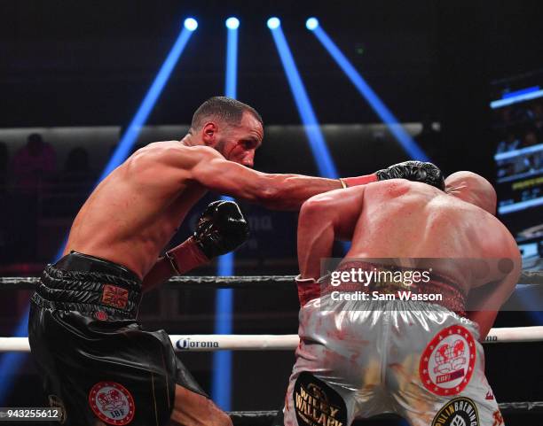 James DeGale lands a right on Caleb Truax during their IBF super middleweight title fight at The Joint inside the Hard Rock Hotel & Casino on April...