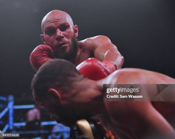 Caleb Truax throws a left at James DeGale during their IBF super middleweight title fight at The Joint inside the Hard Rock Hotel & Casino on April...