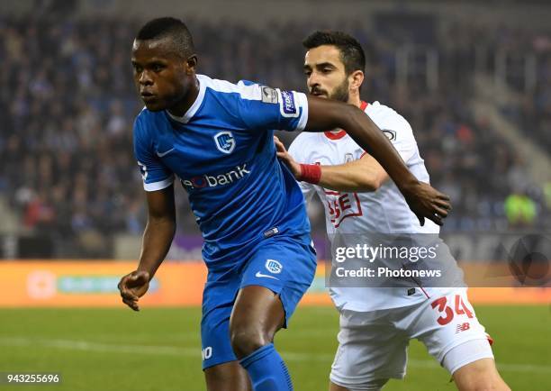 Ally Mbwana Samatta forward of KRC Genk and Konstantinos Laifis defender of Standard Liege during the Jupiler Pro League Play - Off 1 match between...