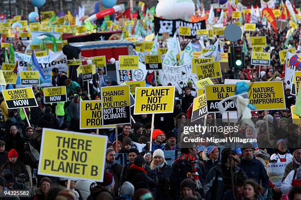 Protestors march towards the United Nations Climate Change Conference 2009 at the Bella Center on December 12, 2009 in Copenhagen, Denmark....