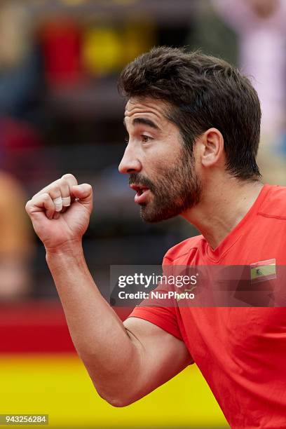 Marc Lopez of Spain celebrates a point in his doubles match with Feliciano Lopez of Spain against Tim Putz and Jan-Lennard Struff of Germany during...