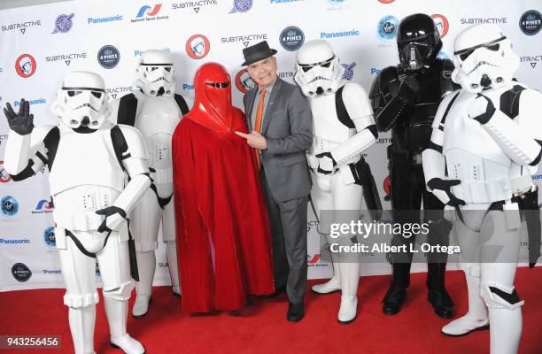 Actor Robert Picardo of Star Trek Voyager poses with Star Wars cosplayers at the 2018 Yuri's Night - Earthrise event held at California Science...