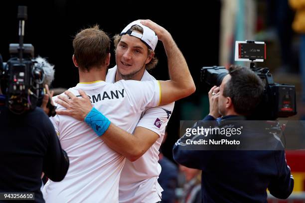 Tim Putz and Jan-Lennard Struff of Germany celebrate the victory in their doubles match against Feliciano Lopez and Marc Lopez of Spain during day...