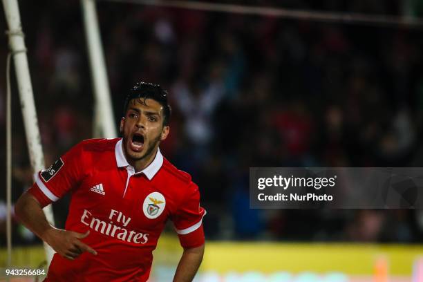 Benfica's Mexican forward Raul Jimenez celebrates a goal during the Portuguese League football match between Vitoria FC and SL Benfica at Bonfim...