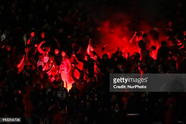 Benfica supporters celebrate their goal wave flags during the Portuguese League football match between Vitoria FC and SL Benfica at Bonfim stadium in...