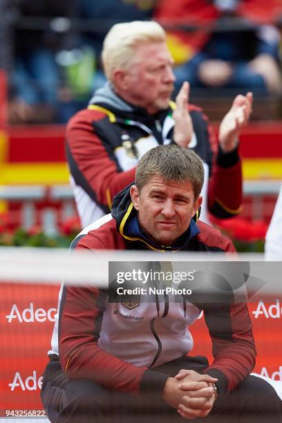 Michael Kohlmann Captain of Germany looks on during the doubles match between Feliciano Lopez and Marc Lopez of Spain against Tim Putz and...