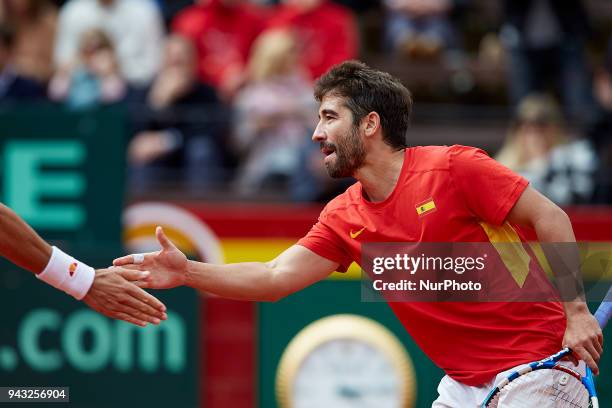 Marc Lopez of Spain celebrates a point in his doubles match with Feliciano Lopez of Spain against Tim Putz and Jan-Lennard Struff of Germany during...