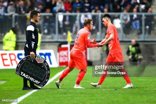 Jessy Deminguet and Jan Repas of SM Caen during the Ligue 1 match between Amiens SC and SM Caen at Stade de la Licorne on April 7, 2018 in Amiens, .