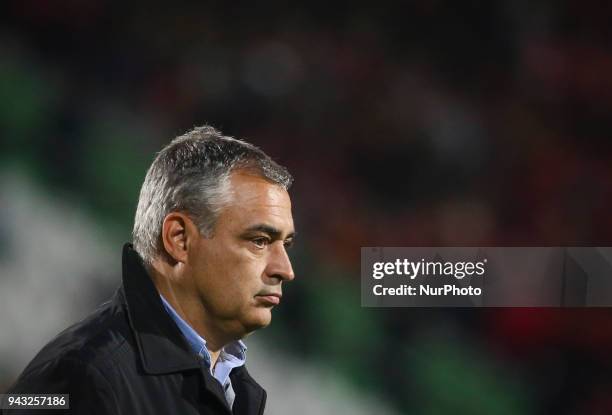 Setubal's coach Jose Couceiro looks on during the Portuguese League football match between Vitoria FC and SL Benfica at Bonfim stadium in Setubal,...