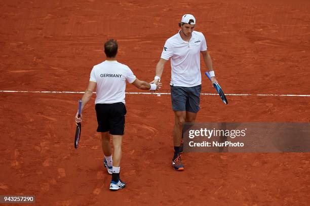 Jan-Lennard Struff and Tim Putz of Germany celebrates a point in their doubles match against Feliciano Lopez and Marc Lopez of Spain during day two...