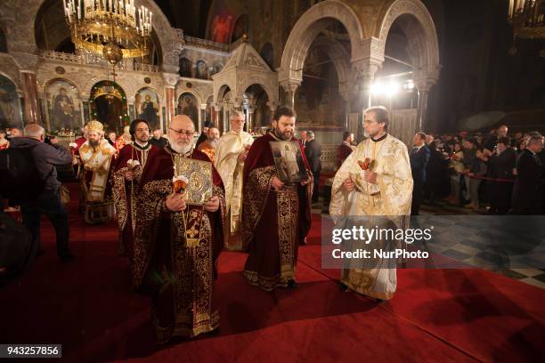 Bulgarian Orthodox priests blesses during the Easter service at the golden-domed Alexander Nevski cathedral in Sofia, Bulgaria, April 8th 2018.