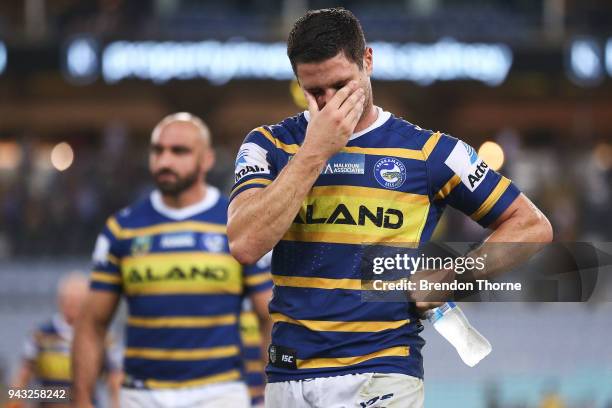 Mitchell Moses of the Eels shows signs of dejection as he leaves the field following the round five NRL match between the Parramatta Eels and the...