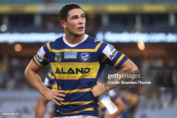 Mitchell Moses of the Eels shows signs of dejection as he leaves the field following the round five NRL match between the Parramatta Eels and the...