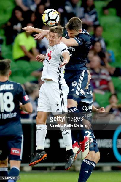 Michael McGlinchey of Wellington Phoenix heads the ball during the round 26 A-League match between the Melbourne Victory and the Wellington Phoenix...