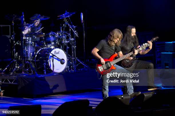Mike Mangini, Dave La Rue and John Petrucci of G3 perform on stage during Guitar BCN Festival at Auditori del Forum on April 7, 2018 in Barcelona,...