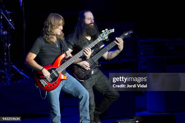 Dave La Rue and John Petrucci of G3 performs on stage during Guitar BCN Festival at Auditori del Forum on April 7, 2018 in Barcelona, Spain.