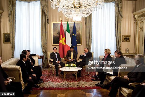 Italian Prime Minister Silvio Berlusconi and Vietnamese President Nguyen Minh Triet on December 11, 2009 in Milan, Italy. The two countries met for...