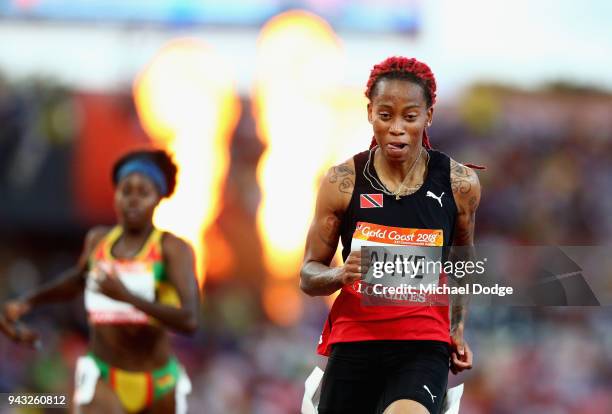 Michelle-Lee Ahye of Trinidad and Tobago competes in the Women's 100 metres semi finals on day four of the Gold Coast 2018 Commonwealth Games at...