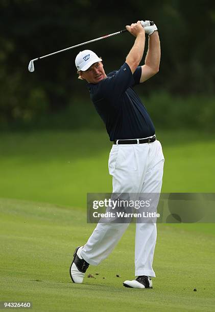 Ernie Els of South Africa plays his second shot into the 13th green during the third round of the Alfred Dunhill Championship at Leopard Creek...