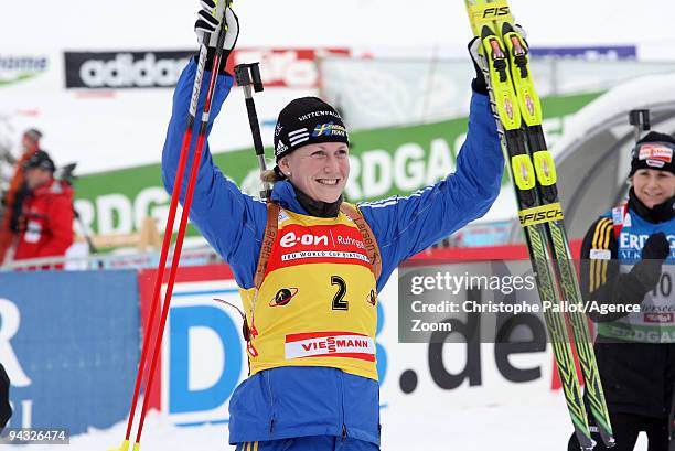 Helena Jonsson of Sweden takes 1st place during the e.on Ruhrgas IBU Biathlon World Cup Women's 10 km Pursuit on December 12, 2009 in Hochfilzen,...