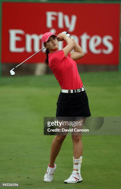 Michelle Wie of the USA plays her second shot at the 17th hole during the final round of the Dubai Ladies Masters, on the Majilis Course at the...