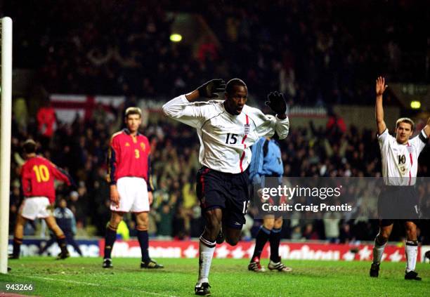 Ugo Ehiogu celebrates scoring England's third goal during the International Friendly match against Spain played at Villa Park in Birmingham, England....