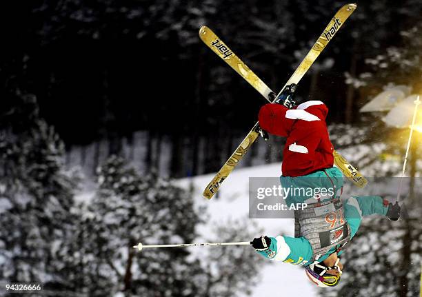 Nathan Roberts of the US gets airborne during the FIS Freestyle skiing men's mogul competition World Cup in Suomu, Kemijarvi Finland on December 12,...