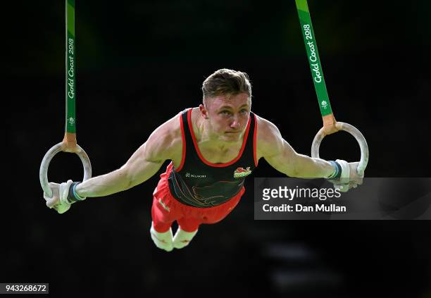 Nile Wilson of England competes during the Gymnastics Men's Rings Final on day four of the Gold Coast 2018 Commonwealth Games at Coomera Indoor...